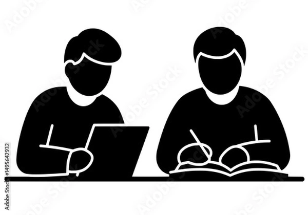 Fototapeta Students Studying Together Silhouette, Collaborative Learning Vector