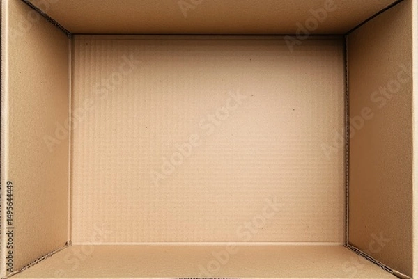 Fototapeta Empty cardboard box interior.  Top down view of a light brown, corrugated cardboard box,  showing the inside surface, with no contents