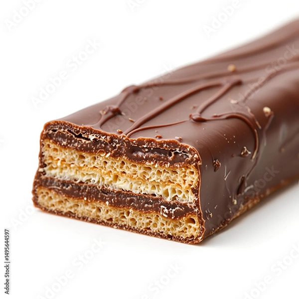 Fototapeta Chocolate-covered bar split in half reveals creamy filling and crispy layers, showcasing delicious texture.