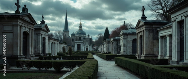Fototapeta European Mausoleum Cemetery with Grand Architecture, Dome and Columns Framed by Symmetrical Sculpted Trees Under Overcast Sky, Elegant Path of Tombs and Monuments