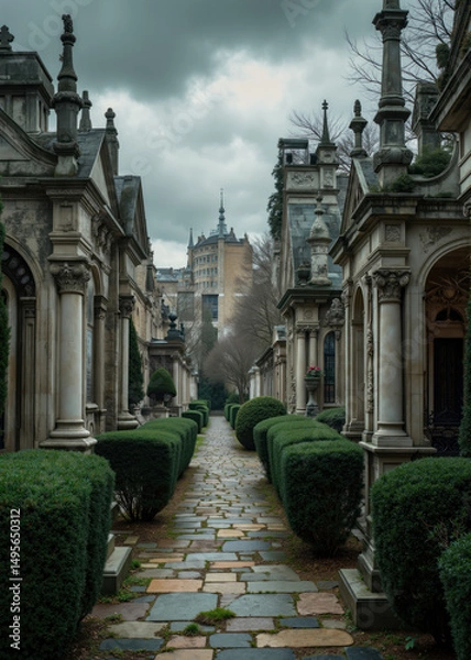 Fototapeta European Mausoleum Cemetery with Grand Architecture, Dome and Columns Framed by Symmetrical Sculpted Trees Under Overcast Sky, Elegant Path of Tombs and Monuments