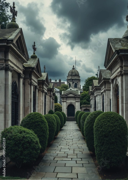 Fototapeta European Mausoleum Cemetery with Grand Architecture, Dome and Columns Framed by Symmetrical Sculpted Trees Under Overcast Sky, Elegant Path of Tombs and Monuments