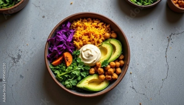 Obraz Vibrant vegetarian Buddha bowl filled with colorful fresh vegetables grains and chickpeas topped with creamy sauce on a textured gray surface