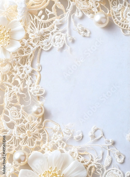 Fototapeta Delicate ivory lace and pearls form an intricate floral pattern, creating a frame of elegance and refinement, inviting the viewer to appreciate the beauty of detail. 