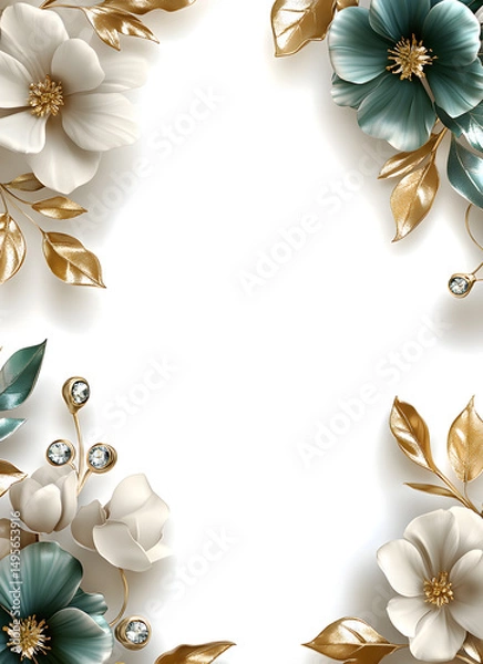 Fototapeta Elegant floral arrangement with soft ivory and teal blossoms, accented by shimmering gold leaves, delicately frames a pristine canvas of pure freshness.