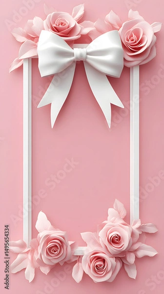 Fototapeta Delicate pink roses, framed by an elegant white border and adorned with a satin bow. The scene exudes a soft and romantic aesthetic, making it perfect for various creative projects.