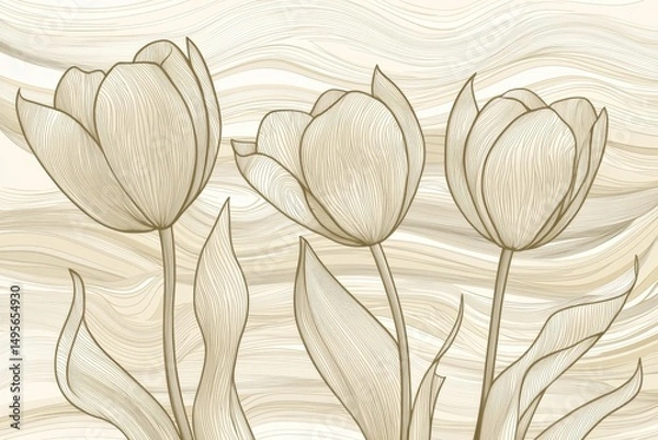 Fototapeta Elegant Line Art of Tulips with Soft Background Texture
