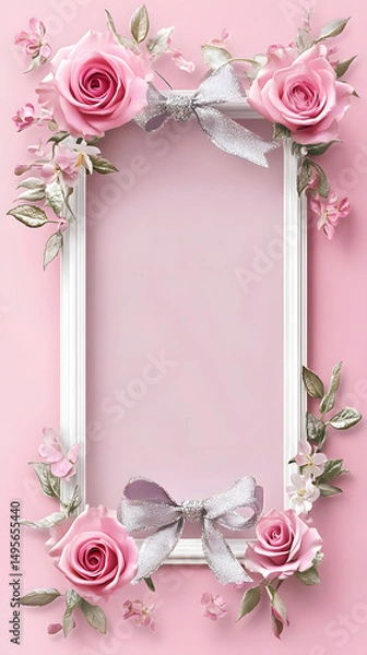 Fototapeta A decorative floral frame adorned with elegant bows and radiant pink roses, artfully arranged around a pristine blank canvas, evoking feelings of beauty and celebration.