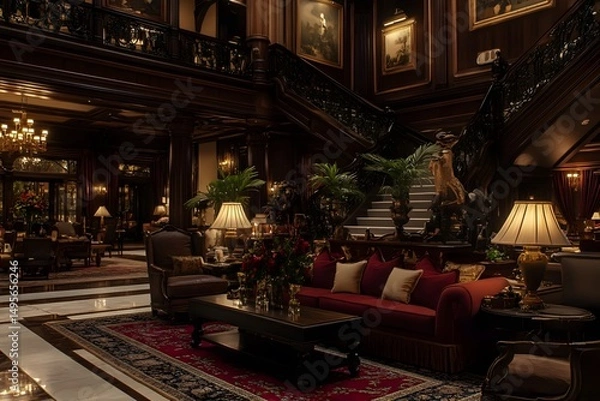 Obraz Elegant hotel lobby under warm lighting