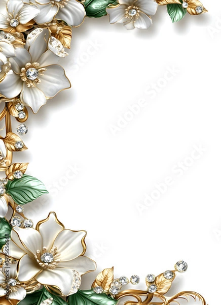 Fototapeta Elegant white and gold floral frame with sparkling gems, perfect for wedding invitations, luxury branding, or elegant designs.