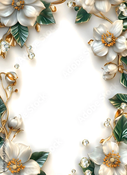 Fototapeta A captivating display of opulent floral artistry frames a central negative space, featuring radiant white flowers, intricate green leaves, and touches of golden accents.