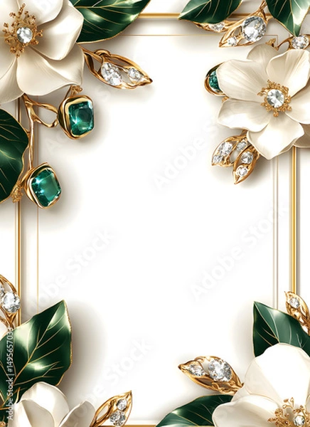 Fototapeta An elegant floral frame features exquisite white blossoms adorned with sparkling gemstones, showcasing the perfect blend of nature and luxury.
