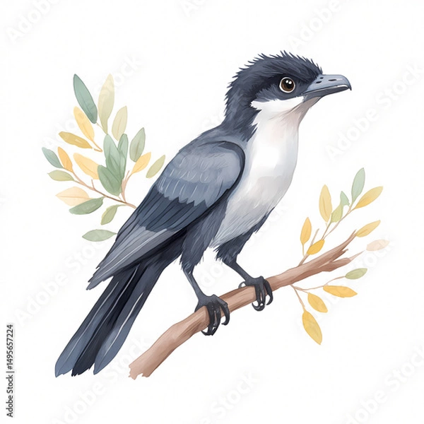 Fototapeta A beautifully detailed illustration of a bird sitting on a branch amidst leaves.