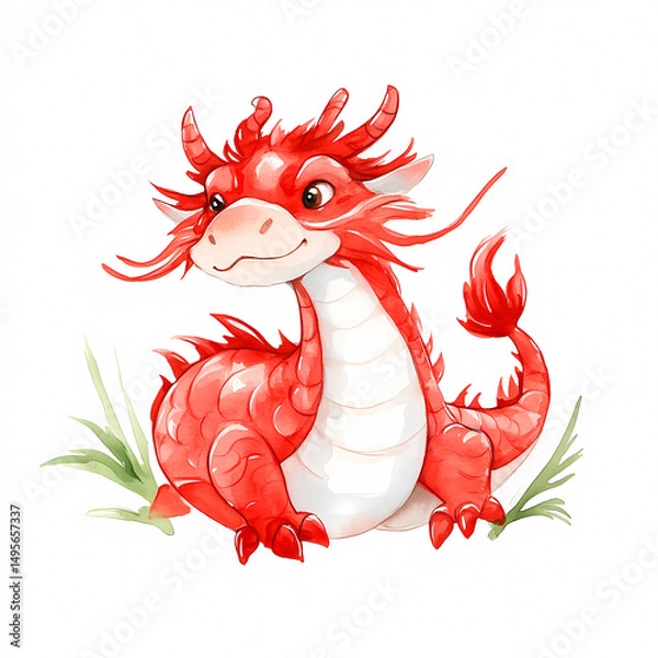 Fototapeta A charming red dragon smiles amidst lush greenery perfect for fantasy enthusiasts and art lovers.