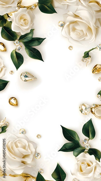Fototapeta An exquisite arrangement of delicate white roses, intertwined with gleaming golden jewels, creates a breathtaking visual symphony of elegance and opulence.