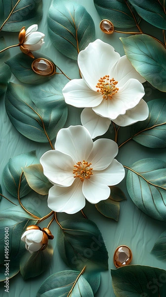 Fototapeta Elegant, ethereal floral composition, showcasing delicate white blossoms. Enhanced with natural color and rich detail, creating a captivating display of botanical beauty.