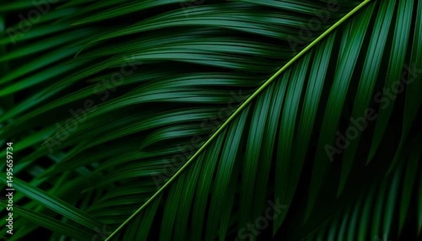 Fototapeta Intricate dark green palm leaf texture, abstract natural backdrop, jungle, dark green