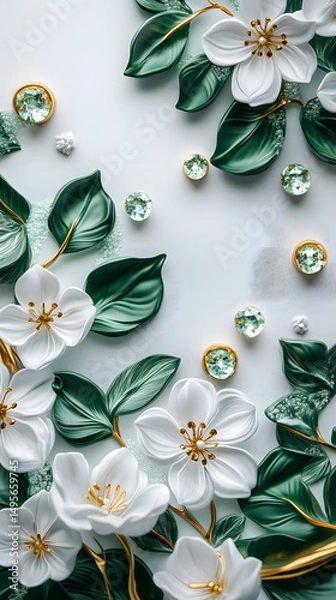 Fototapeta An eye-catching arrangement of pristine white blossoms and verdant leaves against a sophisticated, modern backdrop, evoking a sense of spring beauty, elegant charm, and delicate grace.