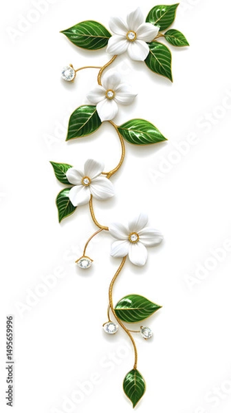 Fototapeta Elegant white flowers with green leaves and pearl accents on a gold vine, creating a sophisticated floral arrangement.