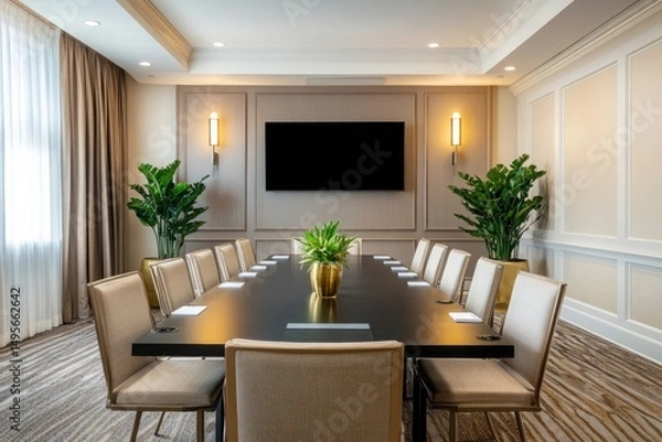 Fototapeta Conference Room with Large Table, Sixteen Chairs and Television Screen Display