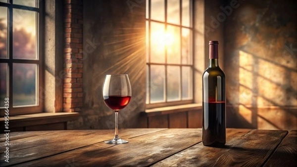 Fototapeta A glass of red wine and a bottle resting on a rustic wooden table, bathed in the warm glow of a sunset viewed through a large window.