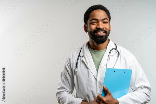 Fototapeta Smiling and confident young Black doctor wearing lab coat, isolated on white background – professional portrait. happy male doctor with stethoscope over neck writing in clipboard isolated on white