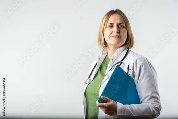 Fototapeta Happy smiling mature female doctor writing on clipboard, isolated on background. Medicine and health care concept. Smiling mature medical doctor woman with stethoscope.