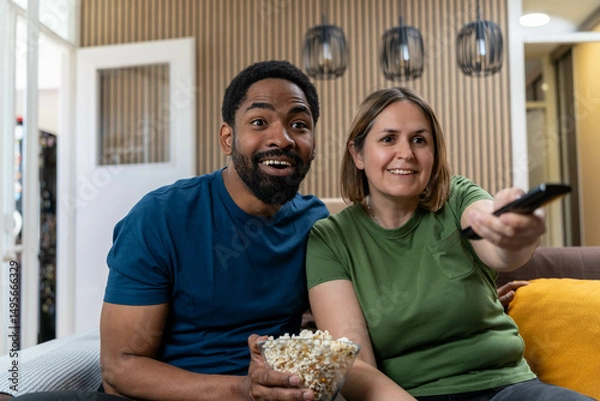 Fototapeta Interracial couple watching TV on a sofa at home. people and leisure concept - African American man and Caucasian woman couple with popcorn watching tv at home