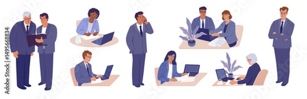 Fototapeta Set of diverse business people working on laptops, writing notes, talking on the phone, having discussions. Vector color isolated illustration in flat style