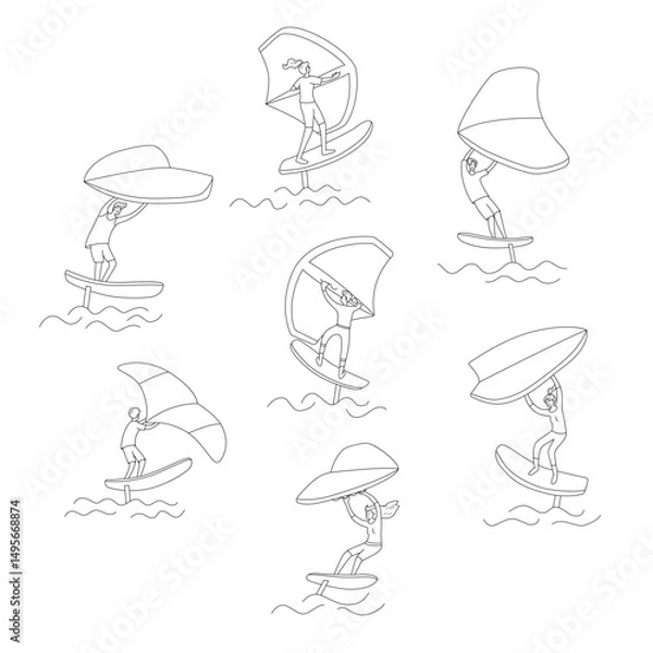 Fototapeta Set of  people standing on a board, holds onto a wing and moves the board across the water. Wing foiling sport. Vector isolated  illustration in line style.