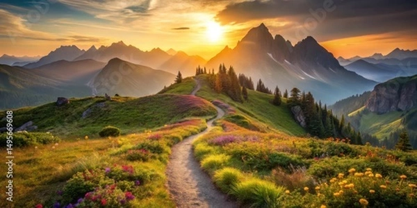 Obraz A Serene Sunset Hike Along a Winding Mountain Trail, Adorned with Vibrant Wildflowers and Majestic Peaks