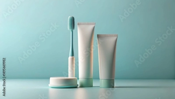 Obraz Serene Aqua-Toned Bathroom Essentials Display Featuring a Soft Bristled Toothbrush and Elegant Tubes