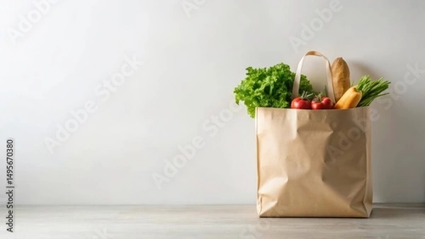 Obraz A Kraft Paper Bag Filled with Fresh Produce and Bread on a Tabletop