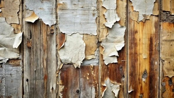 Obraz A weathered wooden surface with peeling paint and decaying paper remnants reveals a textured history of time and neglect