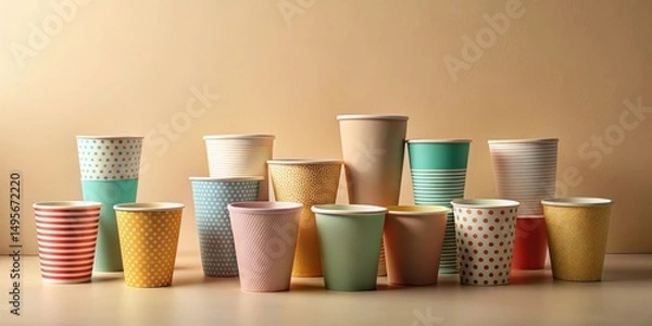 Obraz A Collection of Stylish Paper Cups with Various Patterns and Designs Arranged Against a Neutral Background