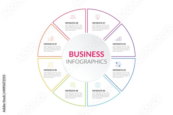 Fototapeta Collection of vector circle chart infographic templates for presentations, advertising, layouts, annual reports. 8 options, steps, parts.
