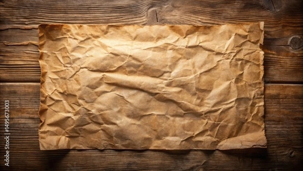 Fototapeta A Wrinkled Sheet of Aged Paper on a Rustic Wooden Surface, Ideal for Vintage Designs and Textured Backgrounds
