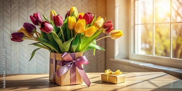 Fototapeta Sunlit spring tulips in a gift box with a small present on a wooden table