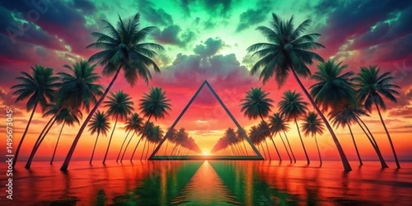 Fototapeta Vibrant Sunset Paradise Palm Trees Framing a Geometric Portal to a Serene Ocean Horizon