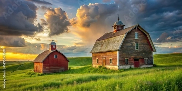 Fototapeta Rustic Farm Structures at Sunset, a Serene Pastoral Scene of Two Barns on Rolling Green Hills Under a Dramatic Sky