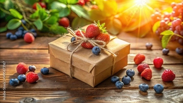 Fototapeta A rustic brown gift box adorned with fresh strawberries and blueberries, nestled amidst a scattering of ripe raspberries and blueberries on a wooden surface, bathed in warm sunlight.
