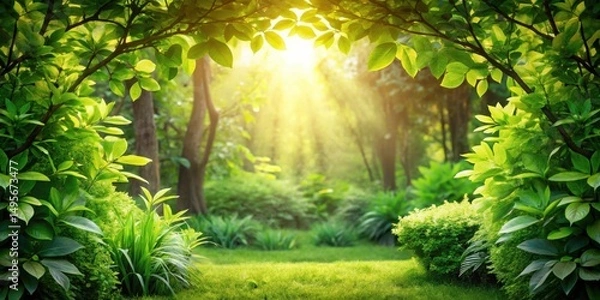 Fototapeta Serene Sunlight Filtering Through Lush Green Canopy, Illuminating a Vibrant Forest Floor with a Carpet of Grass
