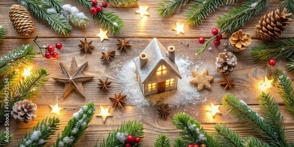 Fototapeta A Festive Winter Scene with a Lighted House, Pine Branches, and Star-Shaped Ornaments on a Wooden Surface