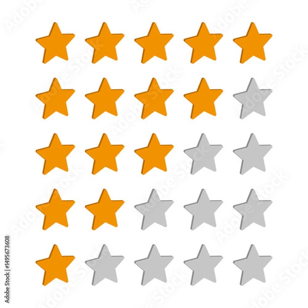 Fototapeta 3D Star Rating Icons Set Vector Illustration. A 5-level star rating system featuring a subtle 3D effect. Each row presents a different rating from five to one star.
