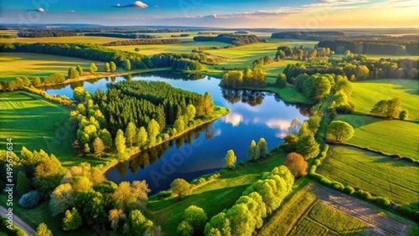 Fototapeta Serene Aerial Vista of Lush Green Meadows and Tranquil Winding River Reflecting the Golden Hour Sunset Sky