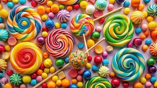 Fototapeta A vibrant and colorful assortment of swirled lollipops and assorted candies arranged on a pink background, creating a delightful and sweet treat composition.