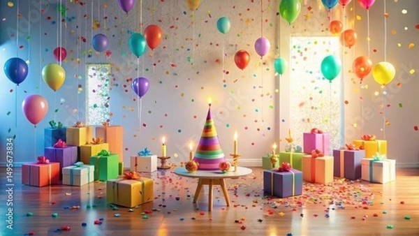 Fototapeta Festive Celebration A Room Filled with Colorful Balloons, Presents, and Confetti, Creating a Joyful and Vibrant Atmosphere for a Birthday Party