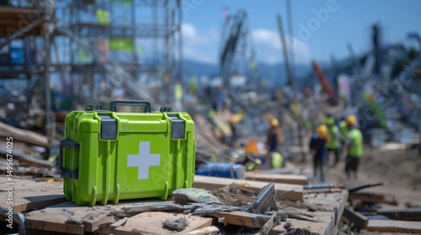 Fototapeta High-visibility green first aid container on a mobile tool cart, surrounded by construction debris. In the background, silhouettes of workers and scaffold towers fade into a shallo