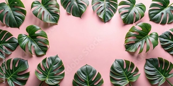 Fototapeta Vibrant Green Tropical Foliage Arranged on a Soft Pink Background, Creating a Striking Natural Frame for Text or Design Elements