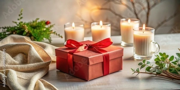 Fototapeta A beautifully wrapped present with a red ribbon sits on a table among softly glowing candles and greenery.